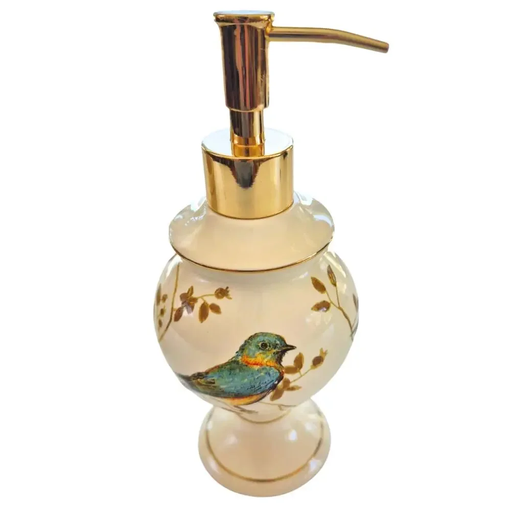 Gilded Birds Bathroom Soap Dish Lotion Dispenser Tumbler 3 Piece Set Like New
